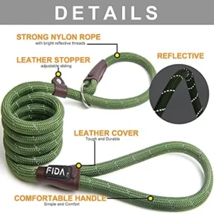 Fida Durable Slip Lead , 6 FT x 1/2″ Heavy Duty Loop Leash, Comfortable Strong Rope Leash for Large, Medium Dogs, No Pull Pet Training Leash with Highly Reflective, Green