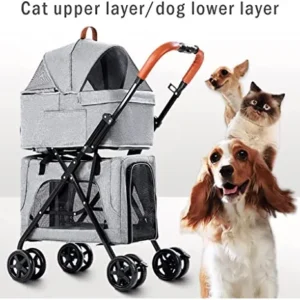 Foldable Pet Trolley Double Pet Stroller for 2 Dogs/Cats Double-Layer Cat Dog Strollers Great Breathable Travel Carrier Detachable