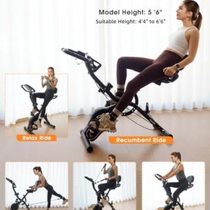 Folding Exercise Bike, 5-in-1 Foldable Stationary Bike Upgraded 16-level Magnetic Resistance 10DB Near-silent Bike Upright Indoor Exercise Bike for Home with Arm Resistance Band, Back Support Cushion