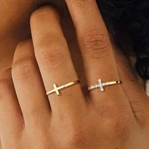 Foxgirl Cross Gold Rings for Women Girls, Dainty Trendy Stackable Ring Set 14k Gold Plated Thin Cz Cross Finger Rings for Women Non Tarnish Simple Statement Rings Wedding Bands Gold Jewelry Size 5-10