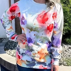 Fronage Women’s Floral Printed Sweatshirt Long Sleeve Crewneck Casual Loose Vintage FLower Graphic Pullover Tops