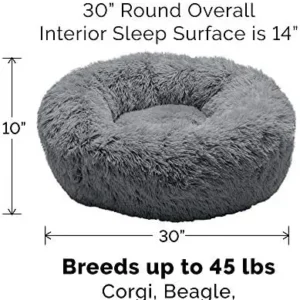 Furhaven 30″ Round Calming Donut Dog Bed for Medium/Small Dogs, Refillable w/ Removable Washable Cover, For Dogs Up to 45 lbs – Shaggy Plush Long Faux Fur Donut Bed – Gray, Medium