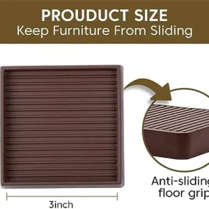 Furniture Pads Rubber Furniture Caster Cups, Anti-Sliding Furniture Pads Bed Stopper Floor Protectors with Grip, 3×3 Square Non Slip Furniture Pads – Protect Any Flooring (Brown, 4 Pack)