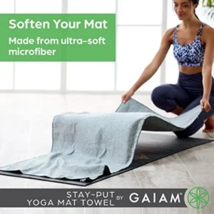 Gaiam Yoga Towel – Mat Sized Active Dry Non Slip Moisture Wicking Sweat Absorbent Microfiber Hot Yoga Towel for Women & Men | Stay-Put Corner Pockets (70″ Long x 26″ Wide)