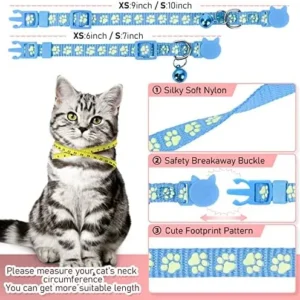 GAMUDA Cat Collars Breakaway Reflective, Super Soft Nylon Kitten Collars, Colorful Buckle, Adjustable Safety, Protect You Cat with Relective Footprint Design and Bell – Set of 12 (7’’-10’’)