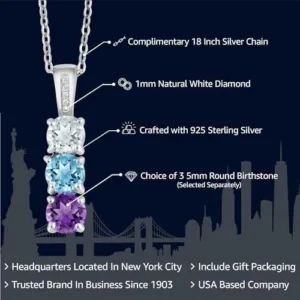 Gem Stone King 925 Sterling Silver Build Your Own Personalized Round 3 Birthstones with Diamond Fashion Pendant Necklace For Women with 18 Inch Silver Chain