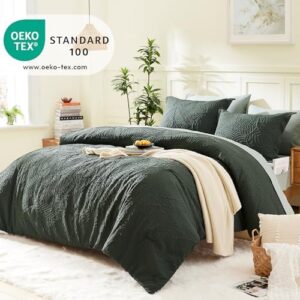 Geniospin Queen Comforter Set, Bed in a Bag 7-Pieces, with Comforter, Pillow Sham, Flat Sheet, Fitted Sheet and Pillowcase, All Season Comfortable Seersucker Bedding Soft & Cozy (Dark Green, 90″x90″)