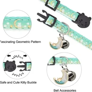 Giecooh 2 Pack Breakaway Cat Collar with Bells,Adjustable Moon and Star Kitten Safety Collars for Boys & Girls,Purple+Teal