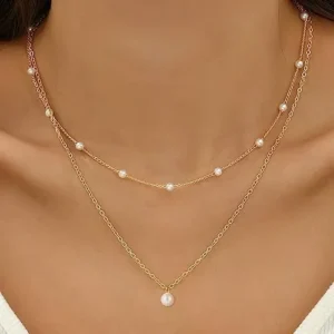 Gold Pearl Necklace for Women, 14K Gold Plated Layered Freshwater Pearl Necklaces for Women Trendy Simple Herringbone Chain Pearl Necklace for Women Girls Gold Jewelry Gifts