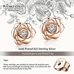 Gold Plated Sterling Silver Rose Flower Earring Studs, Hypoallergenic & Nickel Free Earrings for Women