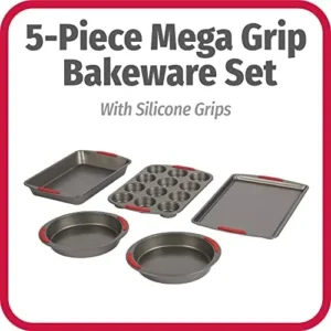 Goodcook Mega Grip 5-Piece Nonstick Steel Bakeware Set with Cookie Sheet, Roast Pan, 2 Cake Pans, and Muffin Pan, Gray (4251)