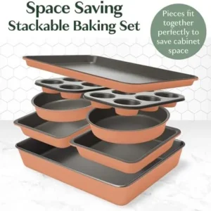 Goodful All-In-One Nonstick Bakeware Set, Stackable and Space Saving Design includes Round and Square Pans, Muffin Pans, Cookie Sheet and Roaster, Dishwasher Safe, 8-Piece, Terracotta