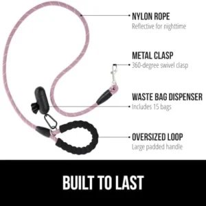 Gorilla Grip Heavy Duty Dog Leash, Soft Handle, Strong Reflective Rope for Night Pet Walking, Small Medium Large Dogs, Durable Puppy Training Leashes, Rotating Metal Clip, Waste Bag Dispenser, Pink