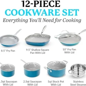 Gotham Steel Aqua Blue Pots and Pans Set, 12 Piece Nonstick Ceramic Cookware, Includes Frying Pans, Stockpots & Saucepans, Stay Cool Handles, Oven & Dishwasher Safe, 100% PFOA Free, Turquoise