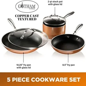 Gotham Steel Copper Cast 5 Piece Cookware, Pots and Pan Set with Triple Coated Nonstick Copper Surface & Aluminum Composition for Even Heating, 100% Non-Toxic, Oven, Stovetop & Dishwasher Safe