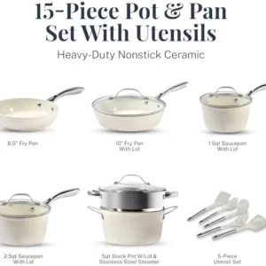 Gotham Steel Hammered 15 Pc Ceramic Pots and Pans Set Non Stick, Kitchen Cookware Sets, Pot and Pan Set, Ceramic Cookware Set Non Toxic, Non Stick Pots and Pan Set Dishwasher Safe, Cream White