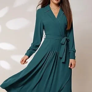 GRACE KARIN Women’s Long Sleeve Fall Collared Work Dresses V Neck Business Midi Casual A-line Dresses