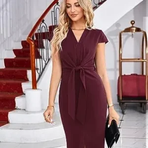 GRACE KARIN Women’s Summer Midi Dresses Cap Sleeve Tie Waist Work Dress Slit V-Neck Bodycon Dress Business Casual Outfits