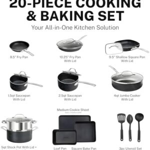 Granitestone 20 Pc Black Pots and Pans Set Non Stick, Kitchen Cookware Sets, Pot and Pan Set, Diamond Coated Non Stick Pots and Pan Set with + Utensils, Non Toxic Cookware Set, Oven & Dishwasher Safe