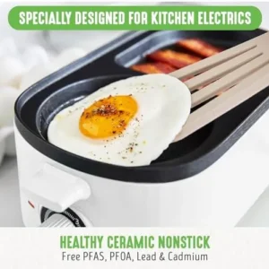 GreenLife 3-in-1 Breakfast Maker Station, Healthy Ceramic Nonstick Dual Griddles for Eggs Meat Sausage Bacon Pancakes and Breakfast Sandwiches, 2 Slice Toast Drawer, Easy-to-use Timer, White