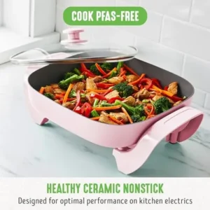 GreenLife Healthy Ceramic Nonstick, 12″ 5QT Square Electric Skillet with Glass Lid, Dishwasher Safe, Adjustable Temperature Control, PFAS-Free, Pink