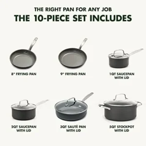 GreenPan Chatham Hard Anodized Healthy Ceramic Nonstick 10 Piece Cookware Pots and Pans Set, Frying Pan Skillets, Saucepans, Saute Pan, Stockpot, Lids, PFAS-Free, Dishwasher Safe, Oven Safe, Gray