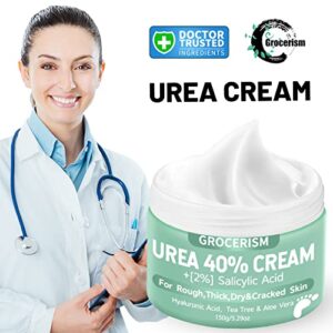 Grocerism Urea Cream 40 Percent For Feet Plus 2% Salicylic Acid 5.29 oz || Foot Cream and Hand Cream Maximum Strength with Hyaluronic Acid,Tea Tree,and Aloe Vera For Deep Moisturizes,Callus Remover