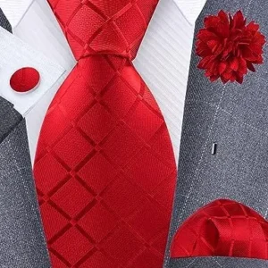 GUSLESON 3.15″（8cm） Mens Tie and Lapel Pin Plaid Checkered Necktie Hankerchief Cufflinks Set for Men