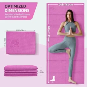 GymCope Foldable Yoga Mat for Home Workout & Travel, 4mm/2mm Thick Travel Yoga Mat with Storage Bag, Exercise Mat for Women & Men, Non-Slip Workout Mat for Home Gym, Pilates, Fitness, 68″L x 24″W