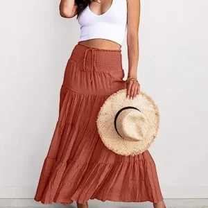 HAEOF Women’s Summer Elastic High Waist Boho Maxi Skirt Casual Drawstring A Line Flowy Swing Long Skirts