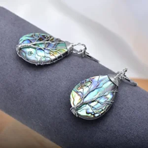 Handmade Teardrop Abalone Shell Dangle Earrings for Women, Wire Craft Tree of Life Earrings