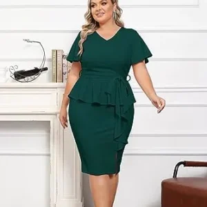 Hanna Nikole Women Plus Size Pencil Dress V Neck Ruffle Sleeves Vintage Wedding Guest Dress Wear to Work Dresses