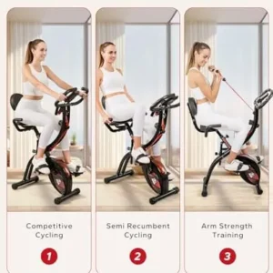 HAPBEAR Folding Exercise Bike Magnetic Foldable Stationary Bike, 3 in 1 Mode Indoor Upright Fitness Workout X-Bike with 8-Level Resistance and Arm Resistance Band, Pulse Sensor,LCD Monitor