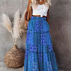 Happy Sailed Womens Floral Print Boho Maxi Skirt Elastic High Waist Pleated Ruffle Flowy Long Skirts S-XL