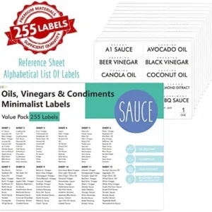 Hebayy 255 Oils, Vinegars & Condiments Labels, Minimalist Water & Oil Resistant Pantry Label Stickers Food Jar Label for Organization and Storage Seasoning Label