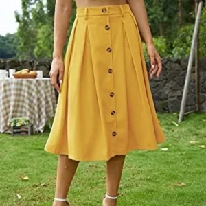 HERBATOMIA Pleated A-line Midi Skirt Elastic Waist Button Front Casual Flared Long Skirts with Pocket for Women