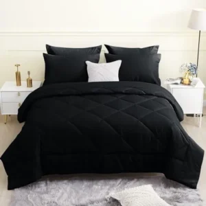 HEVUMYI Queen Comforter Set 7 Pieces, All Season Black Bed in a Bag for Bedroom, Hypoallergenic Ultra Soft Bedding Sets Queen with Black Comforter, Flat Sheet, Fitted Sheet, Pillowcases & Pillow Shams