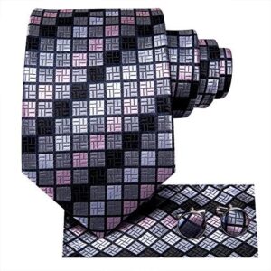 Hi-Tie Mens Plaid Ties Classic Necktie with Handkerchief Cufflinks Set