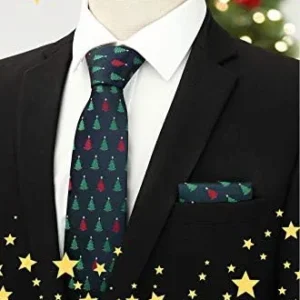 HISDERN Christmas Ties for Men Holiday Festival Funny Tie and Pocket Square Set Vacation Xmas Party Necktie Handkerchief