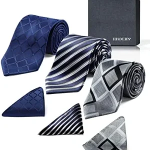 HISDERN Mens Ties and Pocket Square Set Business Elegant Ties for Men Classic Lot 3 Pcs Wedding Party Neckties & Handkerchief