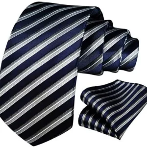 HISDERN Stripe Tie Mens Ties with Pocket Square Set Classic 3.4” Silk Formal Necktie Handkerchief for Business Wedding