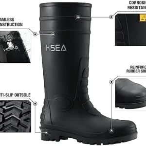 HISEA Men’s Rain Boots with Steel Shank, Waterproof Rubber Protective Footwear, Seamless PVC Rainboots Outdoor Work Boots, Durable Garden Fishing Tall Kneed Boot for Agriculture and Industrial Working