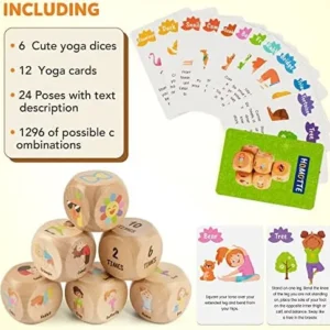 Homotte Wooden Yoga Dice Set for Kids, Fun Workout Game with 6 Exercise Dice, 12 Yoga Cards & Gift Box, Mindfulness Yoga Gifts for Girls & Beginners