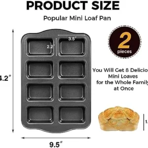 HONGBAKE 2 Pack Mini Loaf Baking Pans 8-Cavity, Nonstick Small Cornbread Pan, Tiny Banana Bread Pan Set, Heavy Duty Brownie Pan, Dark Grey