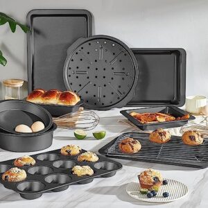 HONGBAKE Bakeware Sets, Baking Pans Set, Nonstick Oven Pan for Kitchen with Wider Grips, 10 Pieces Including Rack, Cookie Sheet, Cake Pans, Loaf Pan, Muffin Pan, Pizza Pan – Grey