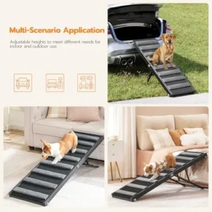 HOOBRO Dog Ramp, Portable Pet Ramp for Large Small Dogs, Adjustable from 11.8″ to 29.5″- Up to 200LBS, with Non-Slip Carpet Surface, Dog Car Ramp for High Bed, Couch, SUV, Black and Gray BK40PT03