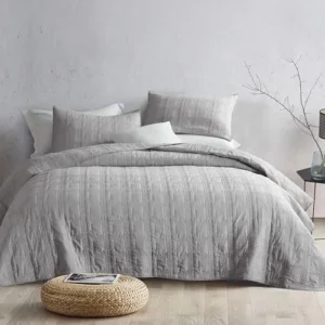 HORIMOTE HOME 100% Cotton Quilt Set Queen Size, Light Grey Pre-Washed Bedspread Coverlet Set 3 Piece, Cozy Lightweigh Bedding Cover with 2 Shams in Geometric Pattern for All Season