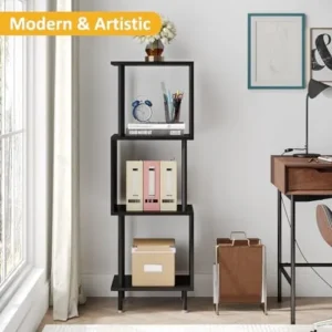 Hosfais S-Shaped Bookshelf, 4 Tier Bookcase, Small Bookshelf for Small Spaces, Unique Modern Bookshelf for Storage Organizer Living Room Bedroom Home Office, Black