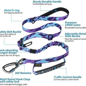 Hotsky Tactical Dog Leash Heavy Duty for Medium Large Dogs, 4-6Ft Strong Bungee Shock Absorbing Dog Leash, Padded Double Handle Military Dog Leashes with Car Seatbelt for Training, Purple Camo