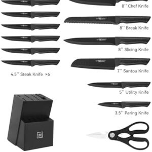 Hundop knife set, 15 Pcs Black knife sets for kitchen with block Self Sharpening, Dishwasher Safe, 6 Steak Knives, Anti-slip handle